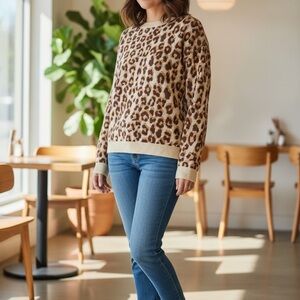 A New Day Leopard Print Knit Sweater Size L Neutral Cozy Soft Crewneck Pullover